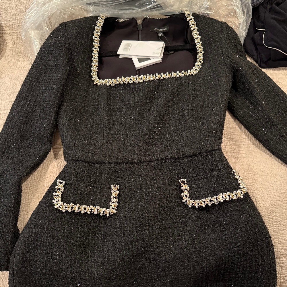 NADINE MERABI Black Long Sleeve Dress with Silver Accents